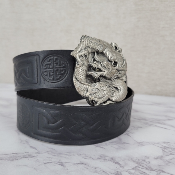 Bergamot Vintage 80s Black Leather Celtic Belt with Silver 2D Dragon Buckle - Picture 1 of 14